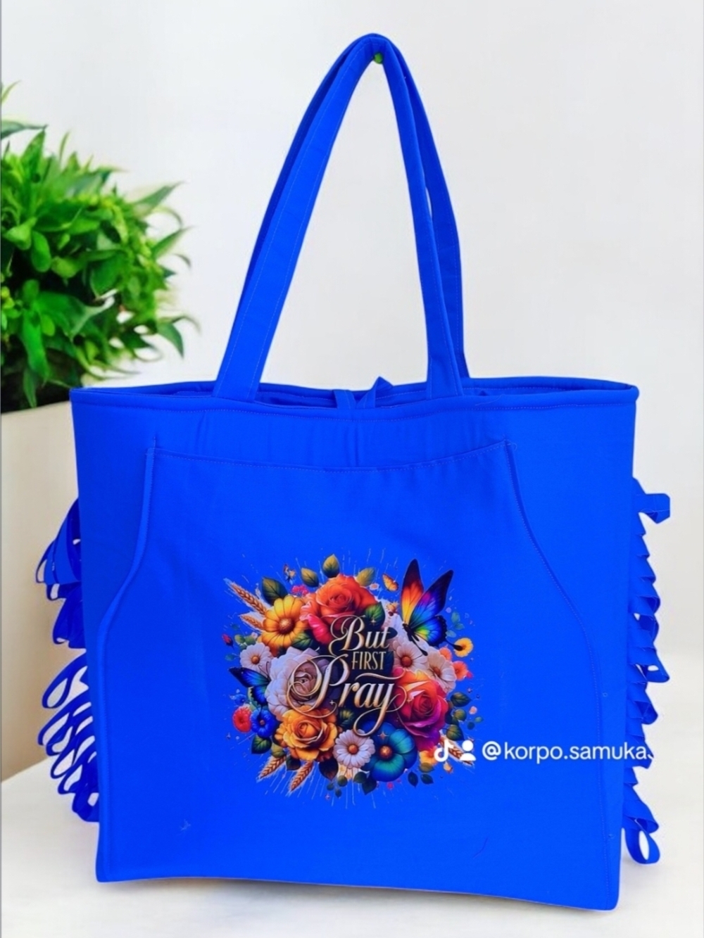 Bright Blue Floral 'But First Pray' Tote